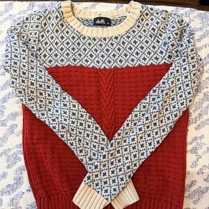 Dotti Red Fair Isle Crewneck Sweater with Cream & Blue Yoke